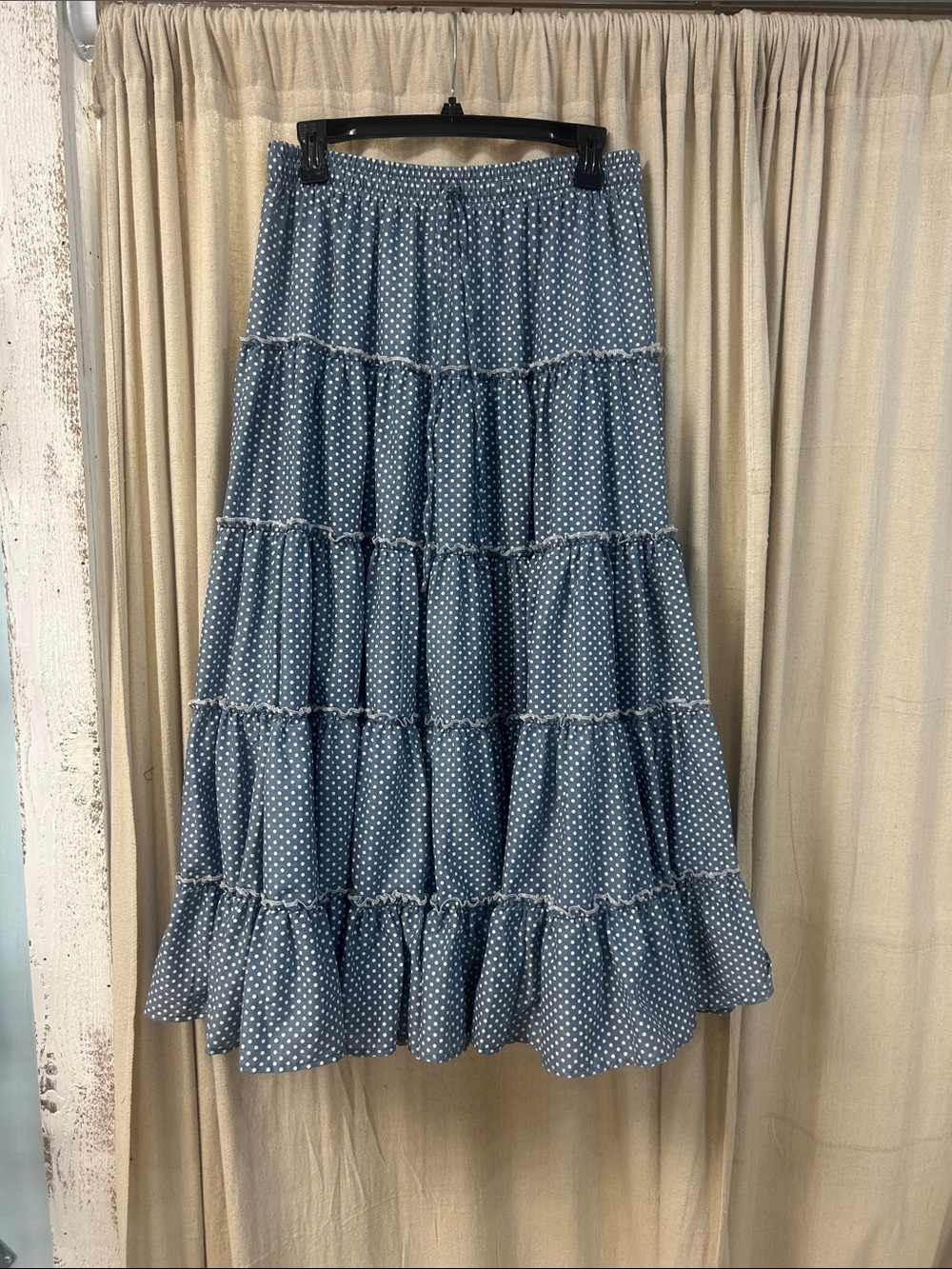easel Blue Polka Dot Tiered Maxi Skirt